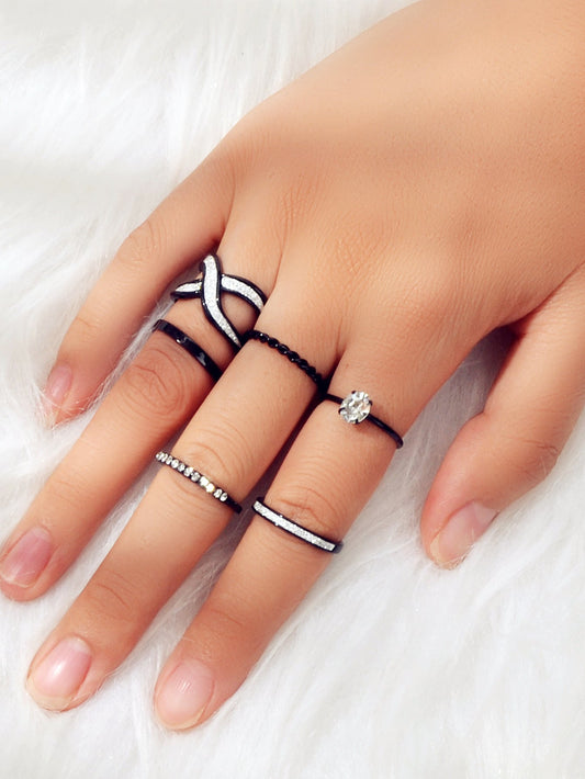 6pcs Stackable Rhinestone Black Midi Finger Knuckle Rings set Wedding Party Wear-0