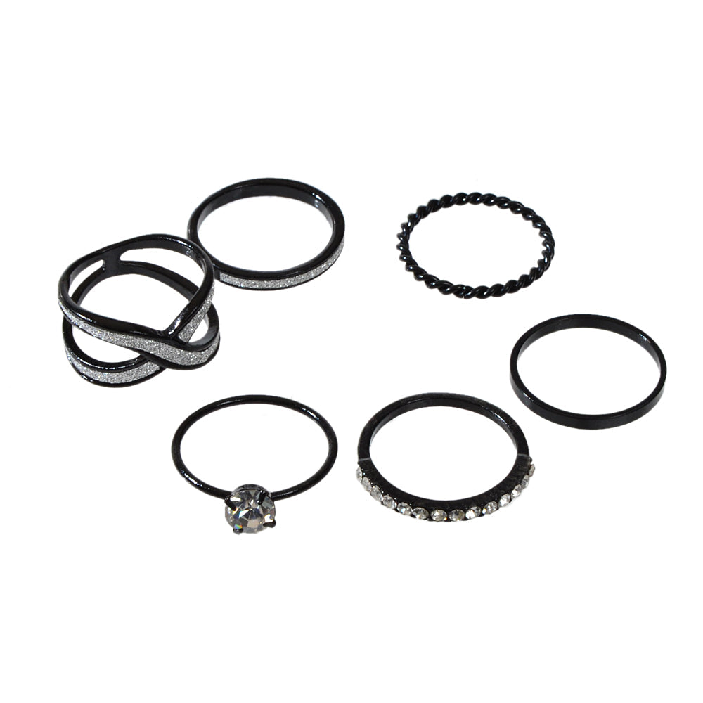 6pcs Stackable Rhinestone Black Midi Finger Knuckle Rings set Wedding Party Wear-4